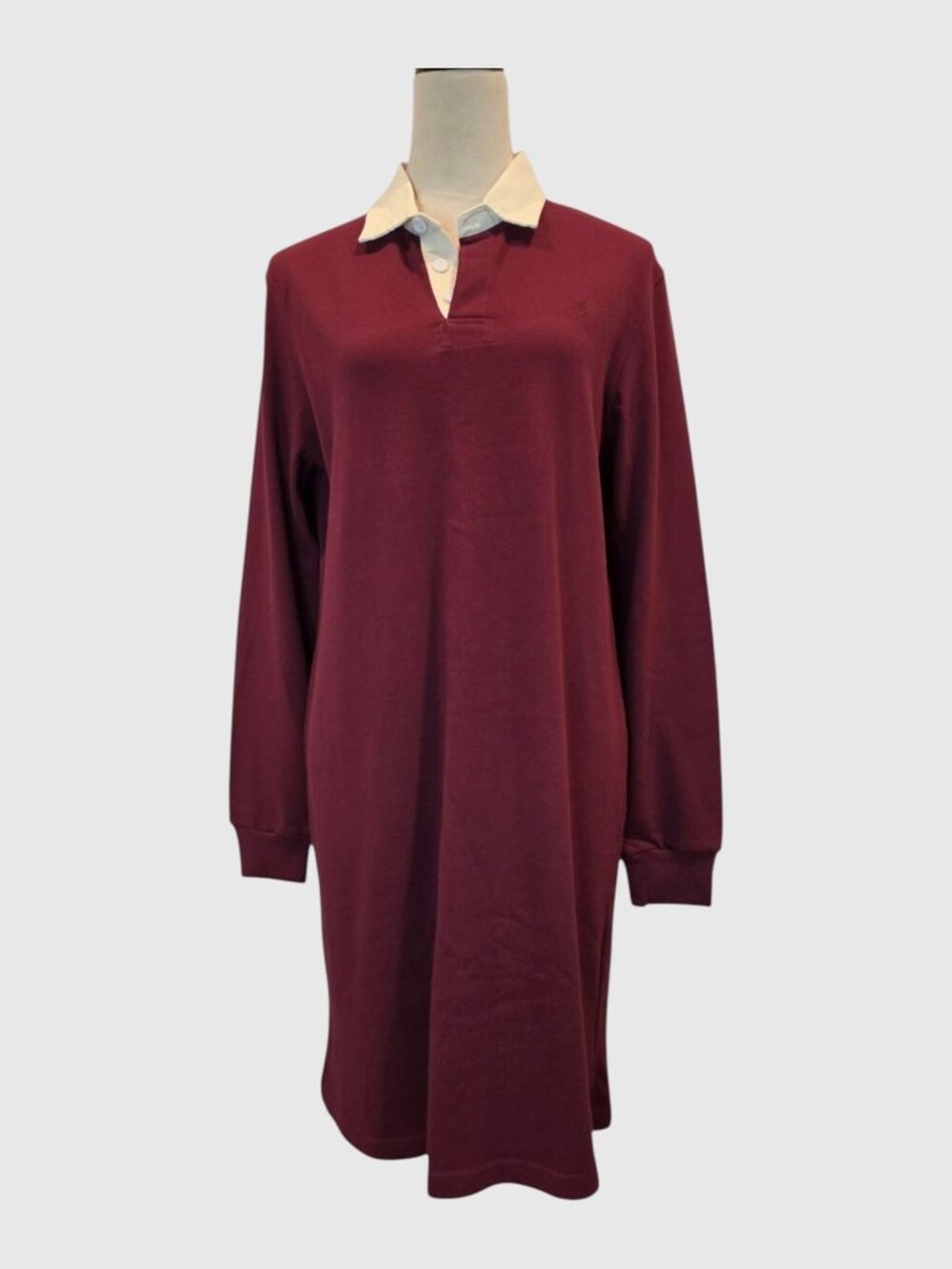 RALPH LAUREN Polo Sport Rugby Shirt Dress Womens SZ L Burgundy Cream 100% Cotton